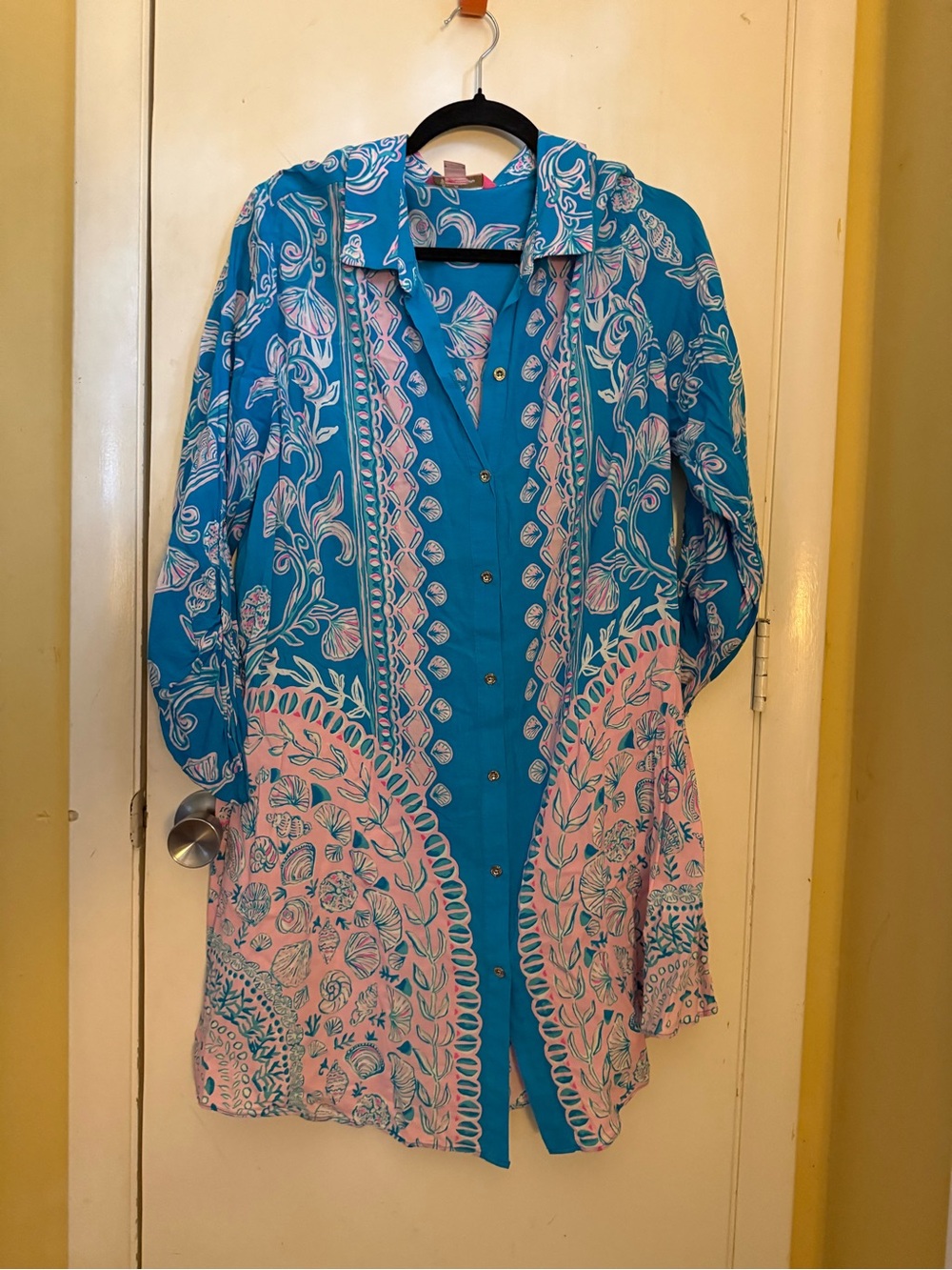 Lilly Pulitzer Teal & Pink Printed Long Shirt Jacket
